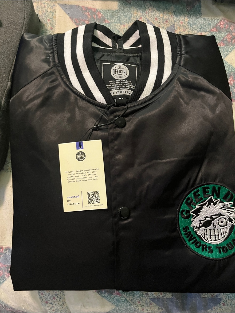 Men’s Black Satin Bomber Jacket with Embroidered Patch